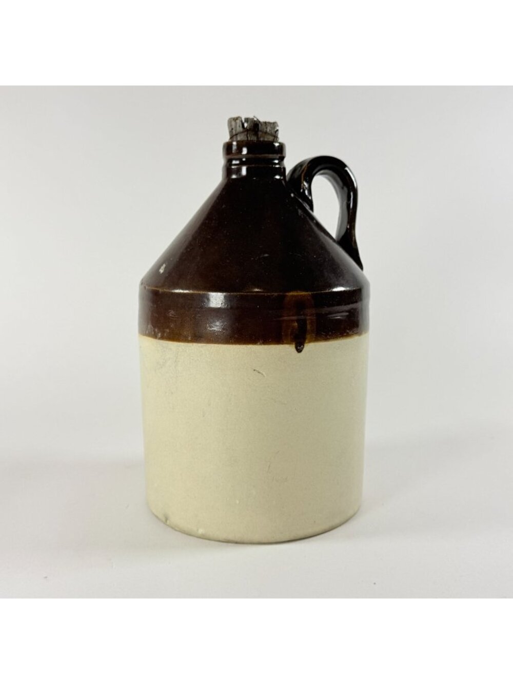 Vintage Two Tone Brown Stoneware Jug With Cork Handle 10-Inch Primitive Rustic